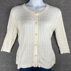 Lands End Cardigan Sweater Womens XL Ivory Cable Knit Fisherman Lightweight Soft
